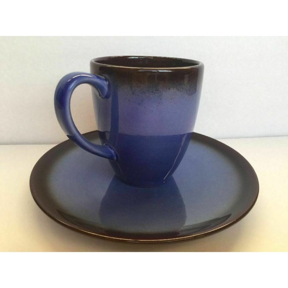 Art Pottery Blue Brown Coffee Mug & Saucer Glossy Crackle Glaze Ceramic Youmei main image 3